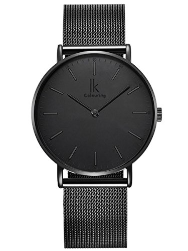Alienwork IK All-Black Armbanduhr Herren Damen Schwarz Metall Mesh Armband Edelstahl Ultra-flach von Alienwork