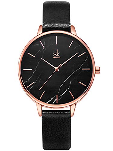 Alienwork Armbanduhr Damen Roségold Lederarmband Schwarz Ultra-flach Elegant von Alienwork