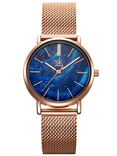 Alienwork Armbanduhr Damen Roségold Metall Mesh Armband Edelstahl Blau Ultra-flach Elegant von Alienwork