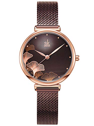 Alienwork Armbanduhr Damen Roségold Metall Mesh Armband Edelstahl Braun Elegant von Alienwork