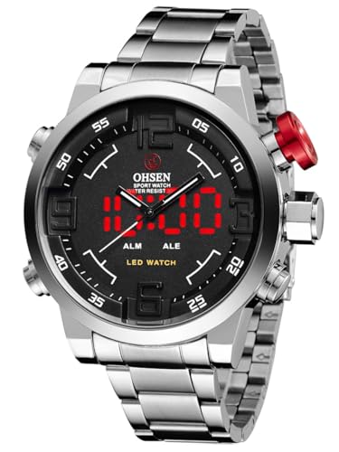 Alienwork DualTime Analog-LED Armbanduhr Herren Damen Silber Edelstahl Metallarmband Kalender Schwarz Multi-Funktion Multi Zeitzonen von Alienwork