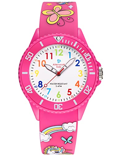 Alienwork Einhorn Lernuhr Kinderuhr Mädchen Uhrzeit Lernen Rosa Silikon-Armband Mehrfarbig Kinder-Uhr Wasserdicht 5 ATM Zeit Lernen von Alienwork