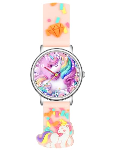 Alienwork Einhorn Lernuhr Kinderuhr Mädchen Uhrzeit Lernen Silber Kautschuk-Armband Pink Kinder-Uhr Wasserdicht 5 ATM Zeit Lernen von Alienwork