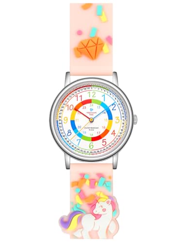 Alienwork Einhorn Lernuhr Kinderuhr Mädchen Uhrzeit Lernen Silber Kautschuk-Armband Pink Mehrfarbig Kinder-Uhr Wasserdicht 5 ATM Zeit Lernen von Alienwork