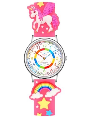 Alienwork Einhorn Lernuhr Kinderuhr Mädchen Uhrzeit Lernen Silber Kautschuk-Armband Rosa Mehrfarbig Kinder-Uhr Wasserdicht 5 ATM Zeit Lernen von Alienwork