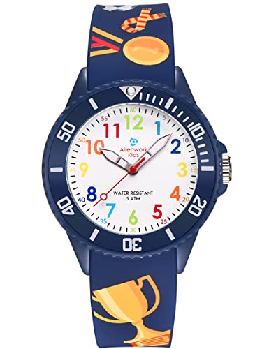 Alienwork Fußball Jungs Lernuhr Kinderuhr Jungen Mädchen Marineblau Silikon-Armband Mehrfarbig Kinder-Uhr Wasserdicht 5 ATM Zeit Lernen von Alienwork