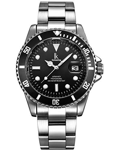 Alienwork Armbanduhr Herren Damen Silber Edelstahl Metallarmband Kalender Datum Schwarz Elegant von Alienwork