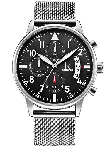Alienwork Armbanduhr Herren Damen Silber Metall Mesh Armband Edelstahl Kalender Datum Schwarz von Alienwork