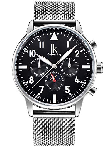 Alienwork Automatikuhr Armbanduhr Herren Silber Metall Mesh Armband Edelstahl Kalender Schwarz von Alienwork