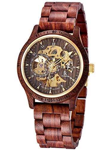 Alienwork Automatikuhr Armbanduhr Herren Rot Holz-Armband Schwarz Skelett Natur-Holz von Alienwork