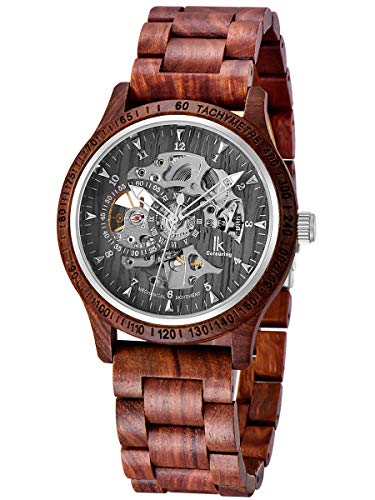 Alienwork Automatikuhr Armbanduhr Herren Rot Holz-Armband Schwarz Skelett Natur-Holz von Alienwork