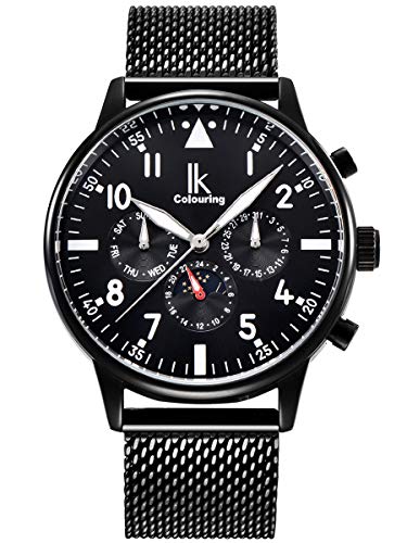 Alienwork Automatikuhr Armbanduhr Herren Schwarz Metall Mesh Armband Edelstahl Kalender von Alienwork