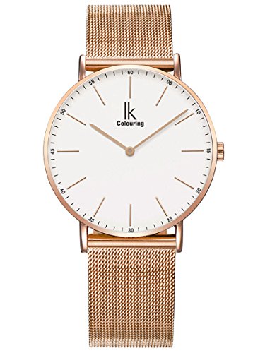 Alienwork IK Armbanduhr Herren Damen Roségold Metall Mesh Armband Edelstahl Weiss Ultra-flach von Alienwork