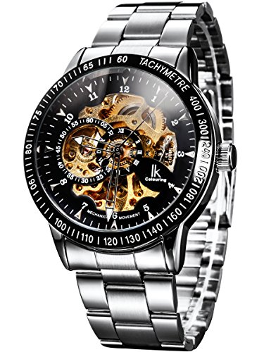 Alienwork IK Automatikuhr Armbanduhr Herren Damen Silber Edelstahl Metallarmband Schwarz Skelett Glasboden von Alienwork