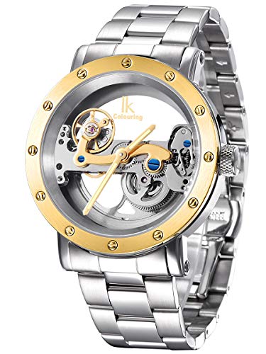 Alienwork IK Automatikuhr Armbanduhr Herren Damen Silber Edelstahl Metallarmband Skelett Glasboden von Alienwork