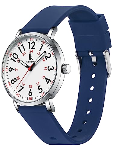 Alienwork IK EasyTime Armbanduhr Herren Damen Silber Silikon-Armband Marineblau Weiss Einfache Lesezeit Armbandwechsel mit Schnellverschluss Wasserdicht von Alienwork