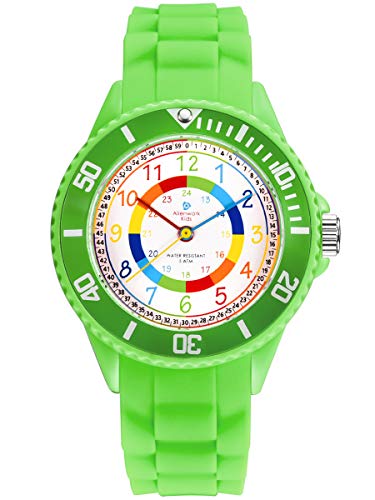 Alienwork Kids Lernuhr Kinderuhr Jungen Mädchen Grün Silikon-Armband Mehrfarbig Kinder-Uhr Wasserdicht 5 ATM Zeit Lernen von Alienwork