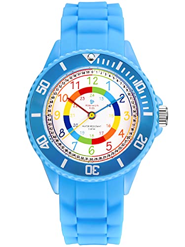 Alienwork Kids Lernuhr Kinderuhr Jungen Mädchen Hellblau Silikon-Armband Mehrfarbig Kinder-Uhr Wasserdicht 5 ATM Zeit Lernen von Alienwork