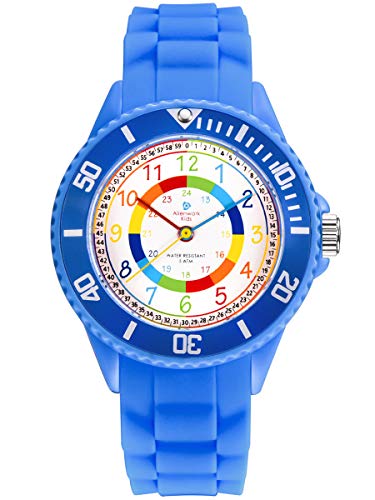 Alienwork Kids Lernuhr Kinderuhr Jungen Mädchen Blau Silikon-Armband Mehrfarbig Kinder-Uhr Wasserdicht 5 ATM Zeit Lernen von Alienwork