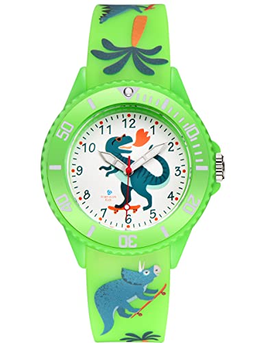 Alienwork Kids Dino T-Rex Lernuhr Kinderuhr Jungen Mädchen Grün Silikon-Armband Kinder-Uhr Wasserdicht 5 ATM Zeit Lernen von Alienwork