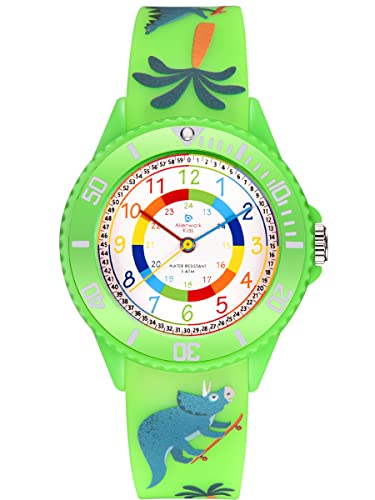 Alienwork Kids Dino T-Rex Lernuhr Kinderuhr Jungen Mädchen Grün Silikon-Armband Mehrfarbig Kinder-Uhr Wasserdicht 5 ATM Zeit Lernen von Alienwork