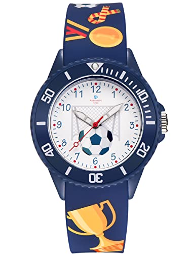 Alienwork Fußball Jungs Lernuhr Kinderuhr Jungen Mädchen Marineblau Silikon-Armband Weiss Kinder-Uhr Wasserdicht 5 ATM Zeit Lernen von Alienwork