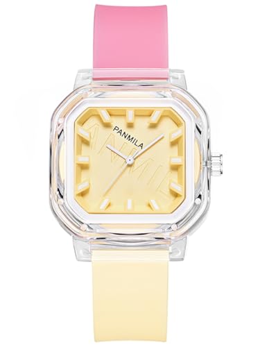 Alienwork Kids Kinderuhr Mädchen Transparent Silikon-Armband Pink Gelb Kinder-Uhr Sportlich von Alienwork