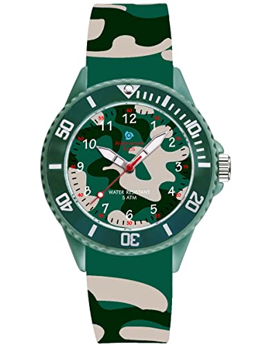 Alienwork Kids Lernuhr Kinderuhr Jungen Mädchen Armeegrün Silikon-Armband Camouflage Kinder-Uhr Wasserdicht 5 ATM Zeit Lernen von Alienwork