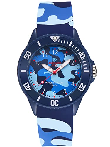 Alienwork Kids Lernuhr Kinderuhr Jungen Mädchen Marineblau Silikon-Armband Camouflage Kinder-Uhr Wasserdicht 5 ATM Zeit Lernen von Alienwork