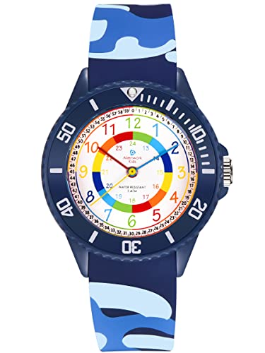 Alienwork Kids Lernuhr Kinderuhr Jungen Mädchen Marineblau Silikon-Armband Camouflage Mehrfarbig Kinder-Uhr Wasserdicht 5 ATM Zeit Lernen von Alienwork