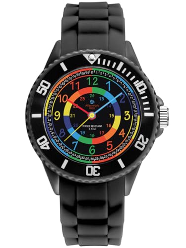 Alienwork Kids Lernuhr Kinderuhr Jungen Mädchen Schwarz Silikon-Armband Mehrfarbig Kinder-Uhr Wasserdicht 5 ATM Zeit Lernen von Alienwork