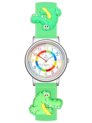 Alienwork Kids Lernuhr Kinderuhr Jungen Mädchen Silber Kautschuk-Armband Grün Mehrfarbig Kinder-Uhr Wasserdicht 5 ATM Zeit Lernen von Alienwork