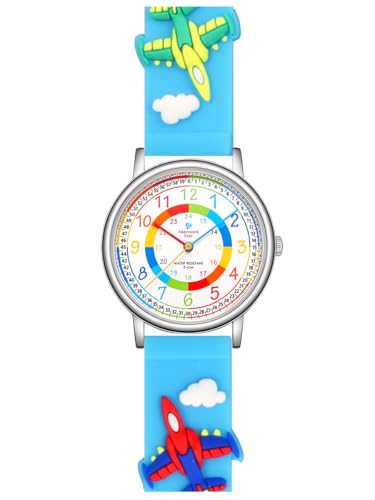 Alienwork Kids Lernuhr Kinderuhr Jungen Mädchen Silber Kautschuk-Armband Hellblau Mehrfarbig Kinder-Uhr Wasserdicht 5 ATM Zeit Lernen von Alienwork
