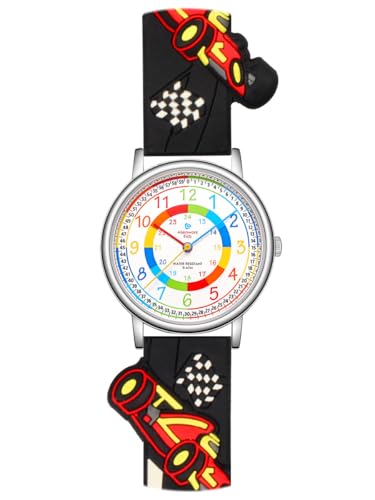 Alienwork Kids Lernuhr Kinderuhr Jungen Uhrzeit Lernen Silber Kautschuk-Armband Schwarz Mehrfarbig Kinder-Uhr Wasserdicht 5 ATM Zeit Lernen von Alienwork