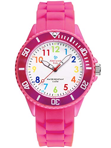 Alienwork Kids Lernuhr Kinderuhr Mädchen Uhrzeit Lernen Rosa Silikon-Armband Mehrfarbig Kinder-Uhr Wasserdicht 5 ATM Zeit Lernen von Alienwork