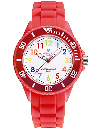 Alienwork Kids Lernuhr Kinderuhr Mädchen Uhrzeit Lernen Rot Silikon-Armband Mehrfarbig Kinder-Uhr Wasserdicht 5 ATM Zeit Lernen von Alienwork