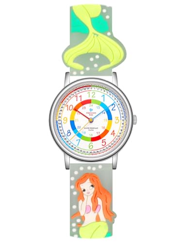 Alienwork Kids Lernuhr Kinderuhr Mädchen Uhrzeit Lernen Silber Kautschuk-Armband Transparent Mehrfarbig Kinder-Uhr Wasserdicht 5 ATM Zeit Lernen von Alienwork
