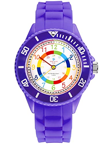 Alienwork Kids Lernuhr Kinderuhr Mädchen Uhrzeit Lernen Violett Silikon-Armband Mehrfarbig Kinder-Uhr Wasserdicht 5 ATM Zeit Lernen von Alienwork