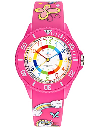 Alienwork Einhorn Lernuhr Kinderuhr Mädchen Uhrzeit Lernen Rosa Silikon-Armband Mehrfarbig Kinder-Uhr Wasserdicht 5 ATM Zeit Lernen von Alienwork