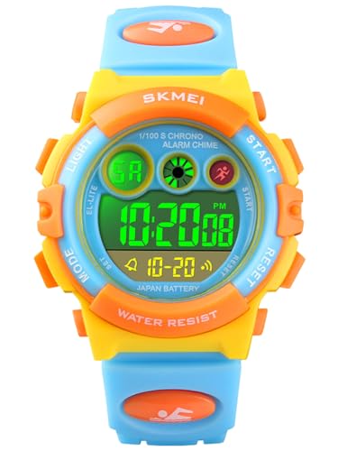 Alienwork Seven-Color LED Digital Kinderuhr Jungen Mädchen Gelb Kautschuk-Armband Hellblau Kalender Chronograph Sportlich Multi-Funktion von Alienwork