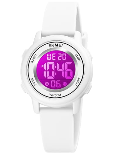 Alienwork Seven-Color LED Digital Kinderuhr Jungen Mädchen Weiss Silikon-Armband Kalender Mehrfarbig Chronograph Sportlich Multi-Funktion von Alienwork