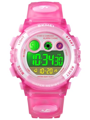 Alienwork Seven-Color LED Digital Kinderuhr Mädchen Pink Kautschuk-Armband Kalender Weiss Chronograph Sportlich Multi-Funktion von Alienwork