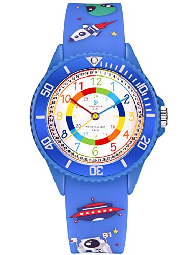 Alienwork Weltraum Alien Lernuhr Kinderuhr Jungen Uhrzeit Lernen Blau Silikon-Armband Mehrfarbig Kinder-Uhr Wasserdicht 5 ATM Zeit Lernen von Alienwork