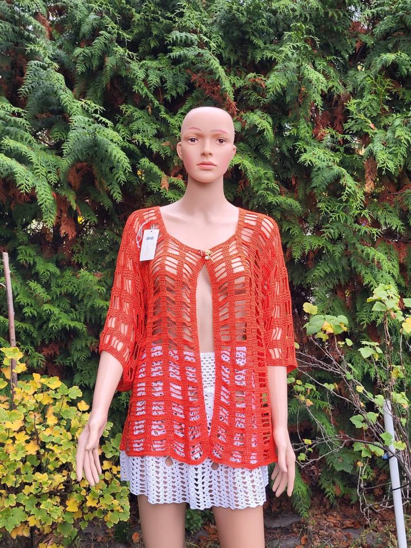 Gehäkelter Cardigan Im Orangenen Muster, Sehr Weich Und Angenehm, Handgemacht, Winterlich, Warm, Häckeljacke, Handarbeit von AlievHandmadePieces