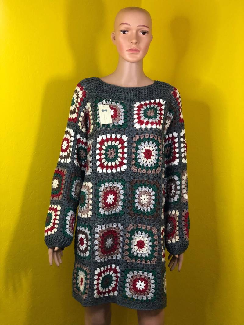 Gehäkelter Long Pullover Mit Einzigartigem Buntem Kästchenmuster, Sehr Weich, Festlich Und Alltäglich Passend, Handgemacht von AlievHandmadePieces