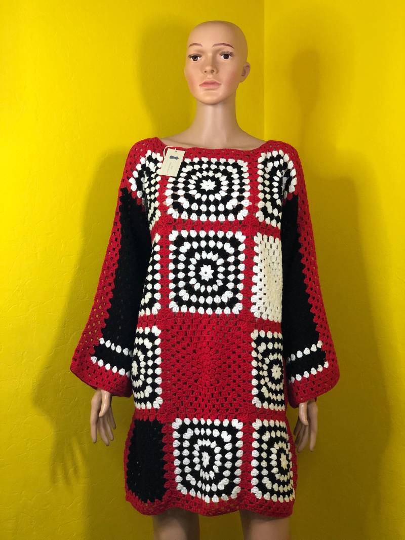 Gehäkelter Long Pullover Mit Einzigartigem Bunten Kästchenmuster, Sehr Weich, Festlich Und Alltäglich Passend, Handgemacht von AlievHandmadePieces