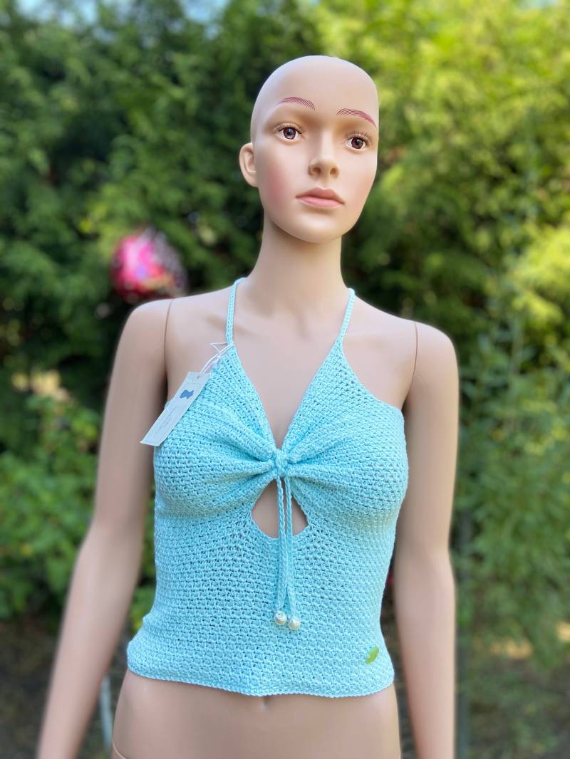 Gehäkeltes Sommertop Bauchfrei, Strandtop, Schnürtop in Türkis von AlievHandmadePieces