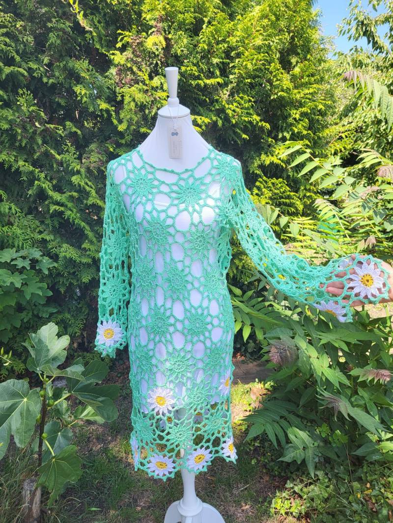 Tunika Kleid in Grün Mit Sonnenblumenmuster, Sehr Weich, Festlich Und Alltäglich Passend, Handgemacht, Sommerlich von AlievHandmadePieces
