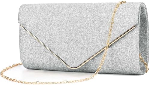 Fioeyr Damen-Clutch, elegante Pailletten, Abend-Clutch, Umschlag, Kette, Schultertaschen, glitzernde Abendtasche, Brautschmuck, Abschlussball, Party, Handtasche, silber, ‎ 25.8 x 12.2 x 6.4 cm von Fioeyr
