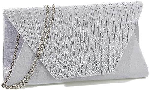 Fioeyr Damen-Clutch, Satin, plissiert, Diamant, Umschlag, Handtasche, Glitzer, Hochzeit, Abend, Handtasche, Schultertasche, silber von Fioeyr